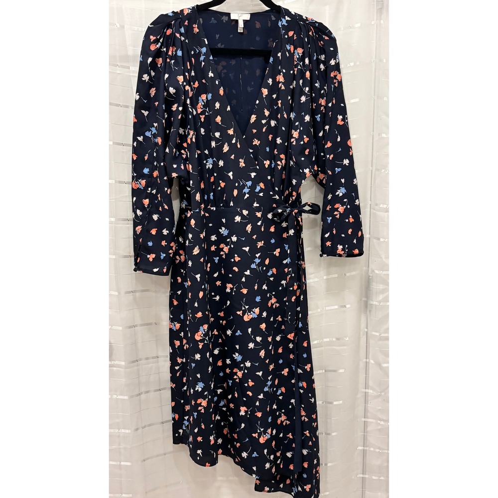 Joie Navy Blue Floral Puff Sleeve Wrap Dress Midi V-Neck 19-1-005578-DR01612 L